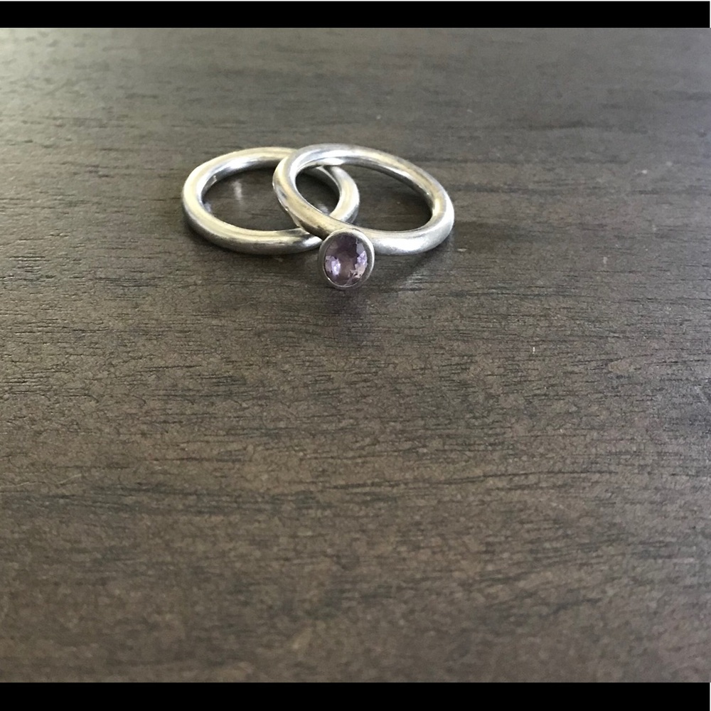 Silver Pandora ring with purple CZ stone